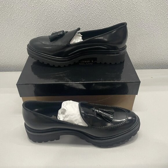 NEW MICHELE LOPRIORE Milano Women’s Belfiore Loafers – Black Brush Leather Size